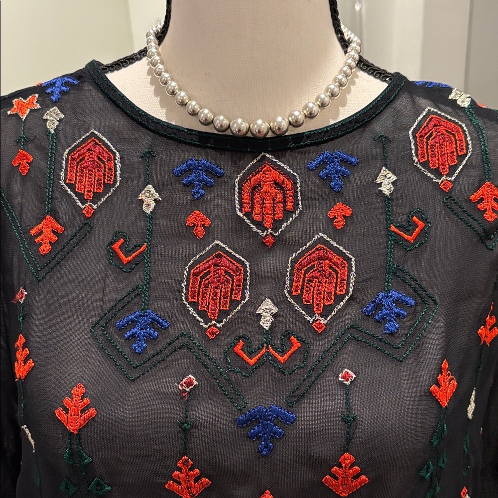Lucky Brand Black Sheer Blouse with Red and Blue Embroidery - Picture 2 of 7